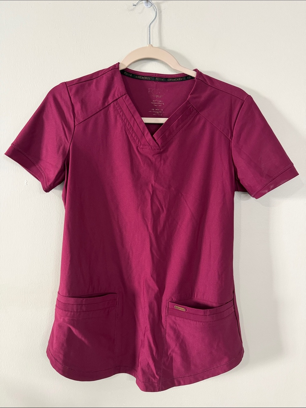 Cherokee Form Wine Colored V-Neck Short Sleeve Scrub Top